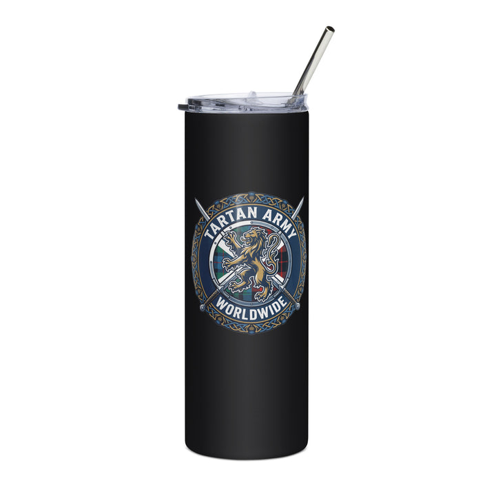 Black stainless steel Tartan Army Worldwide tumbler by The Happy Hour Flowers for durable drinkware.