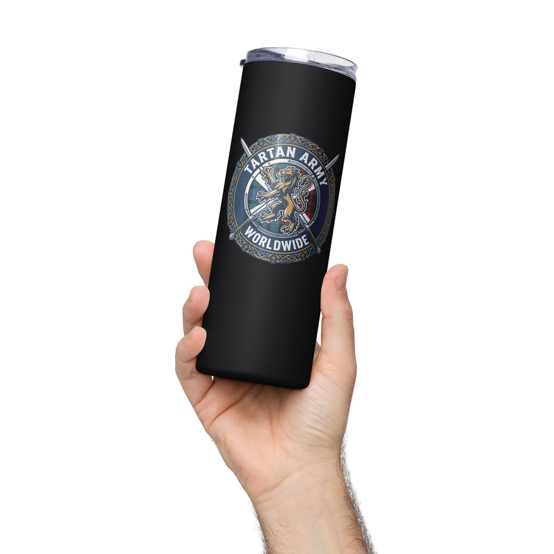Black stainless steel Tartan Army Worldwide tumbler by The Happy Hour Flowers, durable drinkware for hot and cold beverages.