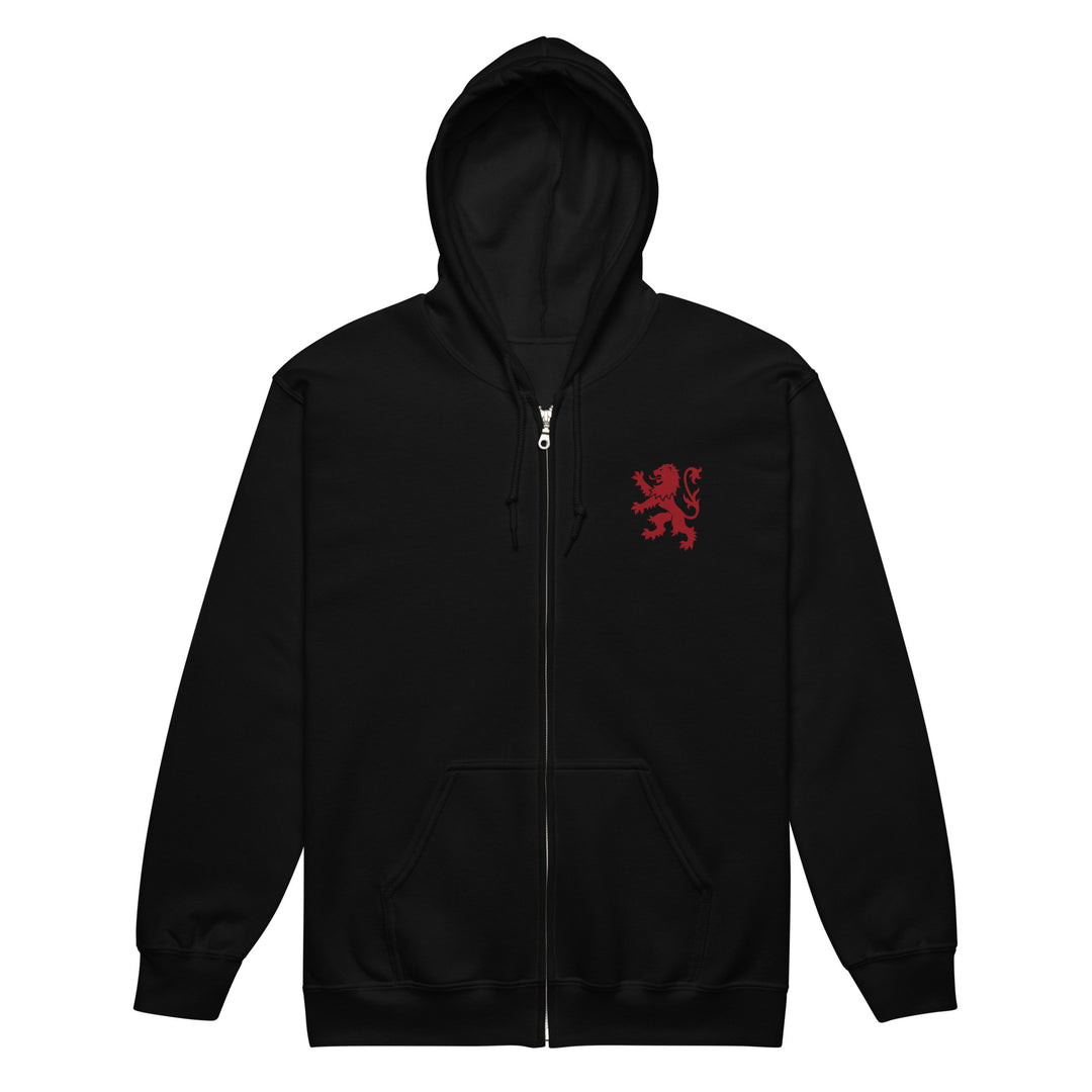 Black unisex heavy blend zip hoodie featuring a Rampant Lion Party graphic by The Happy Hour Flowers on the front.