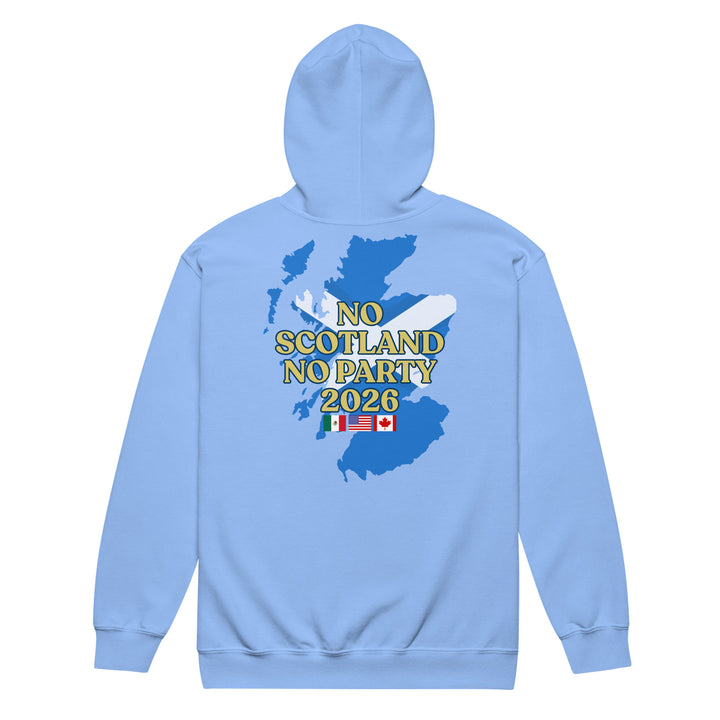Carolina blue Rampant Lion Party unisex heavy blend zip hoodie by The Happy Hour Flowers, showing back view with lion graphic.