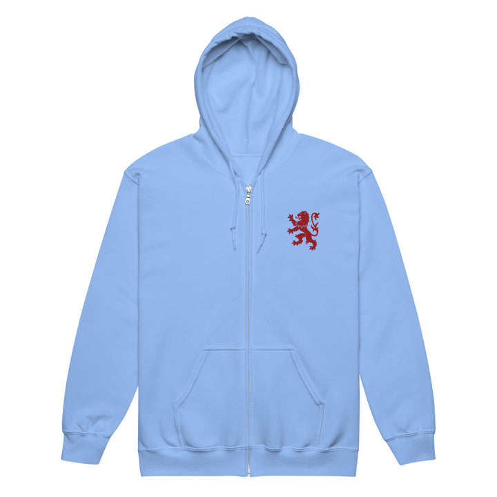 Carolina blue unisex heavy blend zip hoodie featuring a Rampant Lion Party design, from The Happy Hour Flowers.