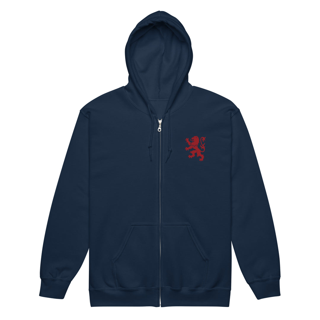 Navy unisex heavy blend zip hoodie featuring a Rampant Lion Party design by The Happy Hour Flowers, front view.