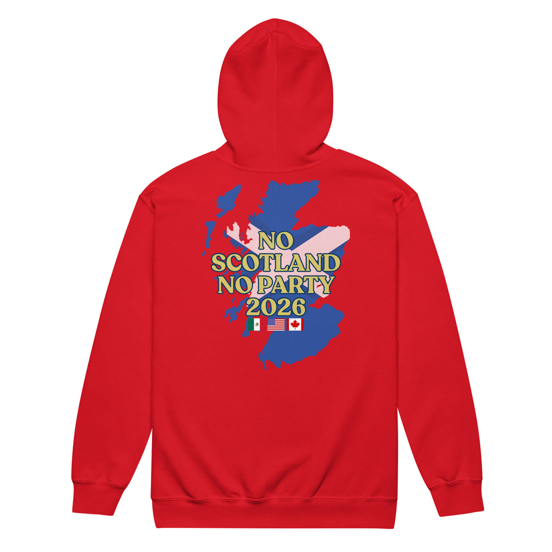 Red Rampant Lion Party unisex heavy blend zip hoodie from The Happy Hour Flowers, shown from the back with a bold lion graphic.