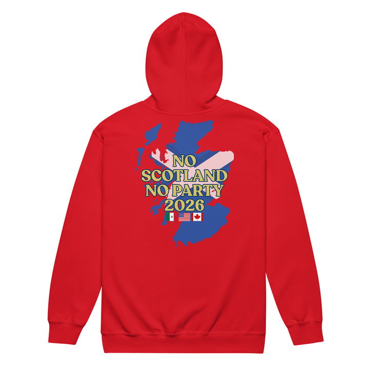 Red Rampant Lion Party unisex heavy blend zip hoodie from The Happy Hour Flowers, shown from the back with a bold lion graphic.