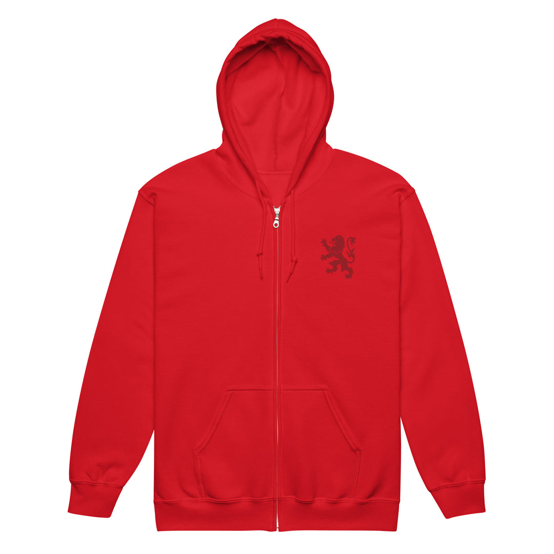 Red Rampant Lion Party unisex heavy blend zip hoodie featuring bold lion graphic on the front, made by The Happy Hour Flowers.