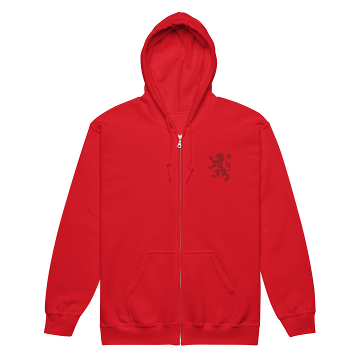 Red Rampant Lion Party unisex heavy blend zip hoodie featuring bold lion graphic on the front, made by The Happy Hour Flowers.