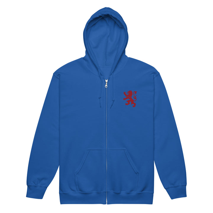 Unisex heavy blend zip hoodie featuring a Rampant Lion Party design in royal colors, by The Happy Hour Flowers.