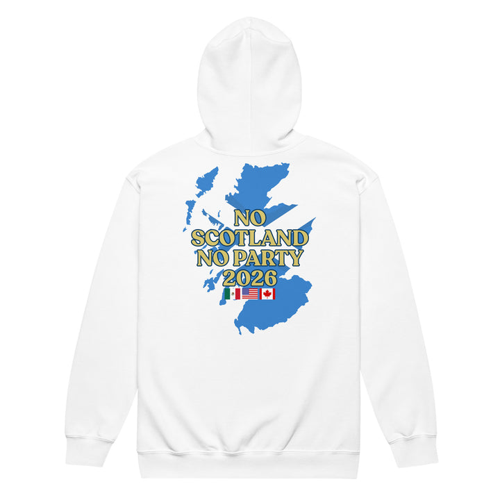 White unisex heavy blend zip hoodie featuring a Rampant Lion Party design by The Happy Hour Flowers.