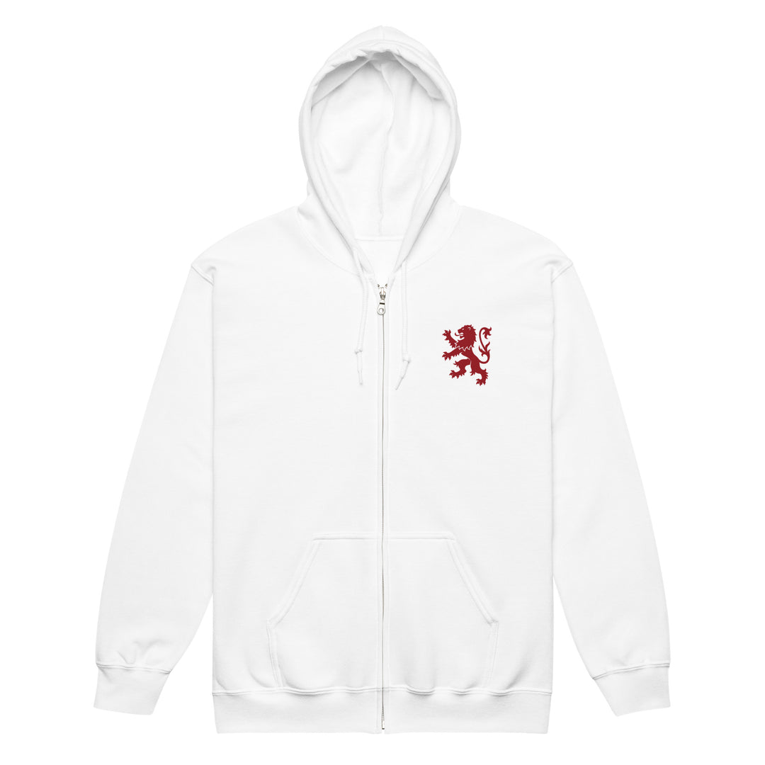 White unisex heavy blend zip hoodie featuring a Rampant Lion Party graphic by The Happy Hour Flowers.