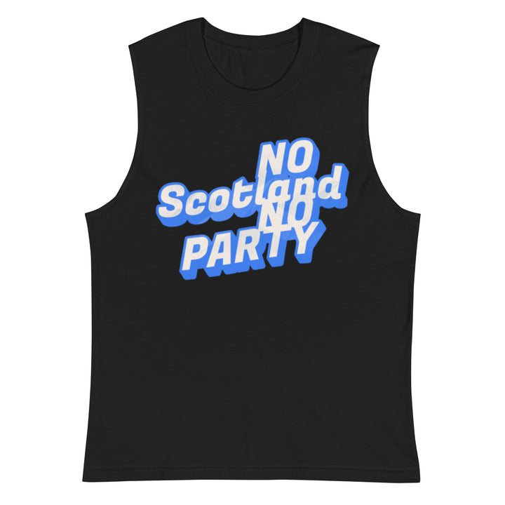 Black Scotland Party muscle T-shirt by The Happy Hour Flowers, featuring bold front graphic and unisex fit.