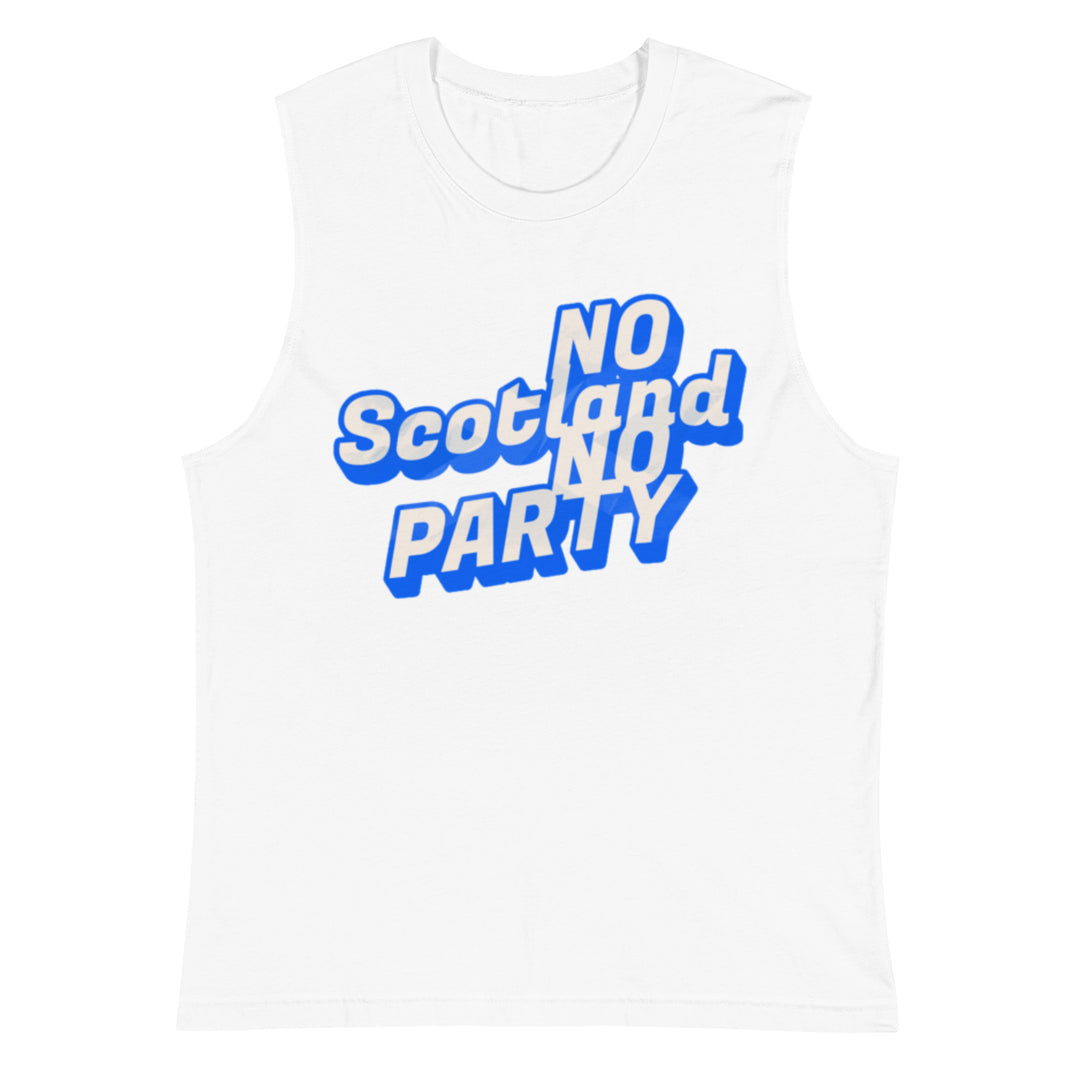 Unisex white Scotland Party muscle T-shirt by The Happy Hour Flowers, front view showing bold Scottish-themed design.